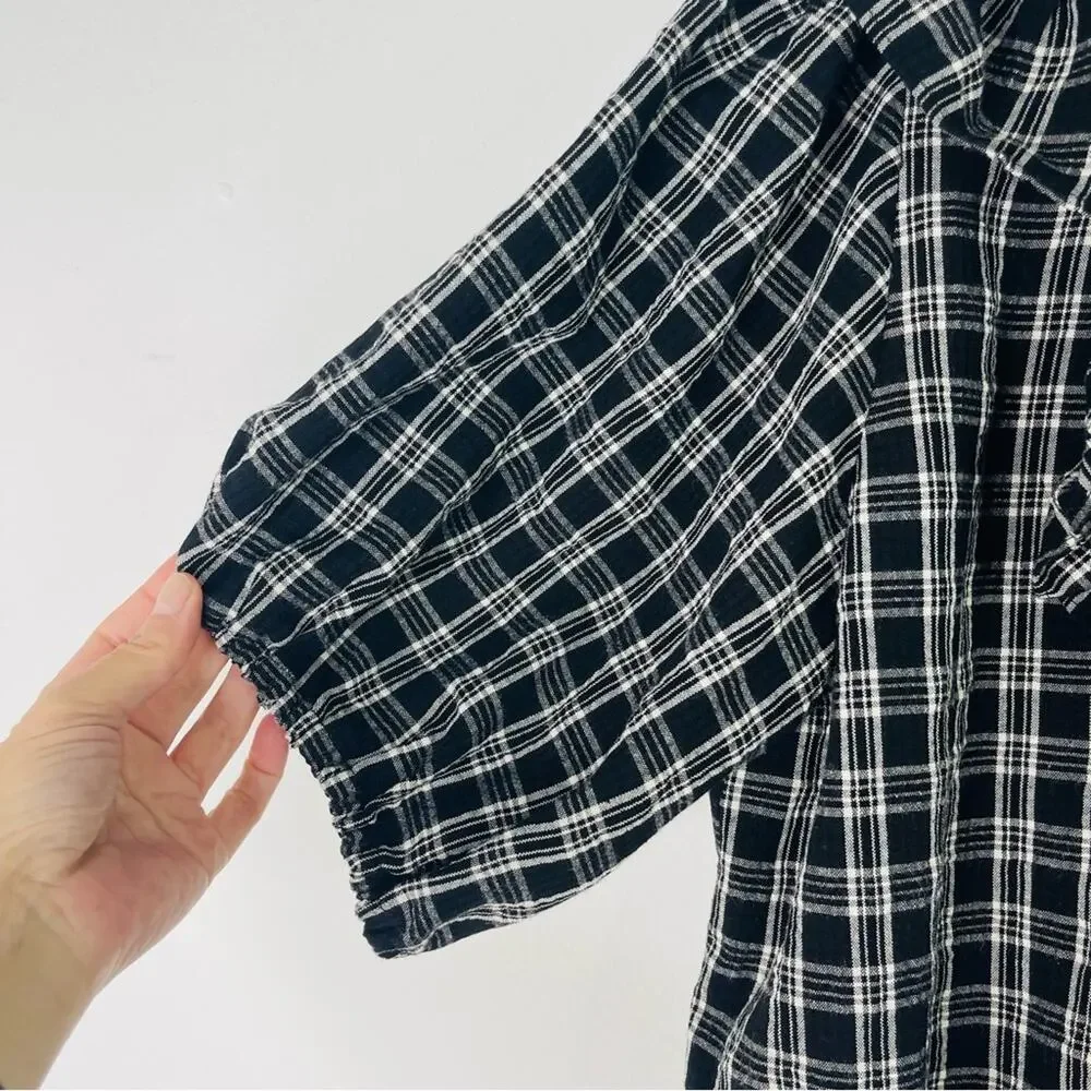 Loft black white plaid ruffle preppy cottagecore popover top large